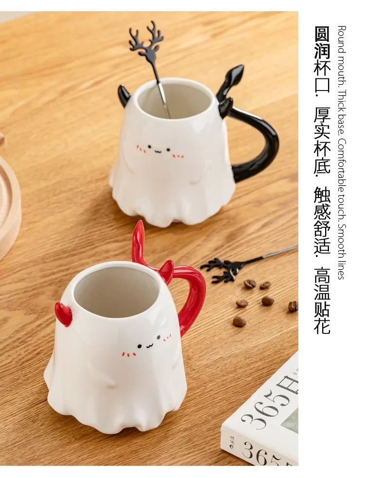 1pc 16oz Large Ceramic Halloween Devil Mug Adorable Cartoon Ghost Elf Kawaii Elves Porcelain Tea Cup Drinkware Gift for Kids - Charlie Dolly