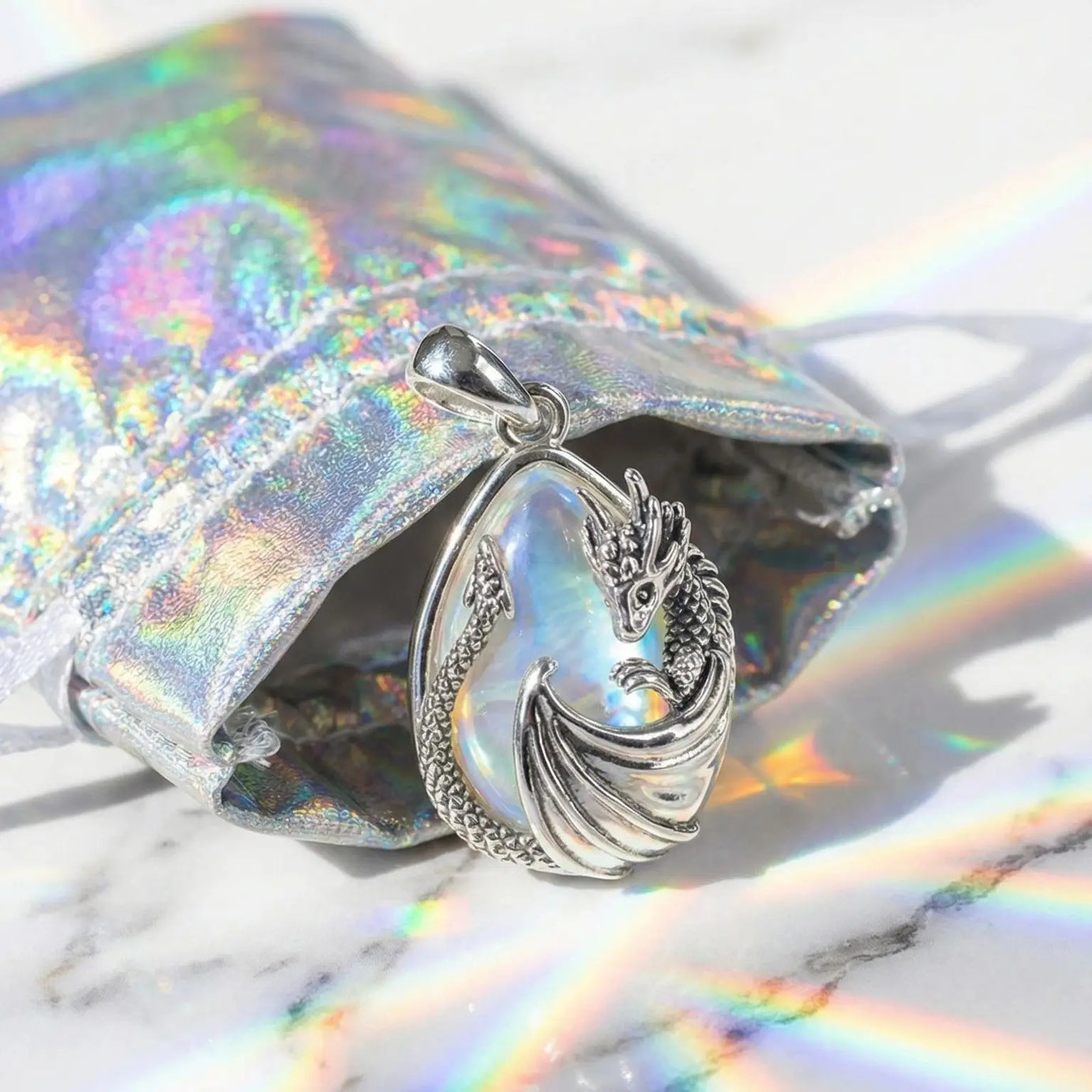 Moonstone Dragon Crescent Pendant Necklace, Celestial Guardian Amulet