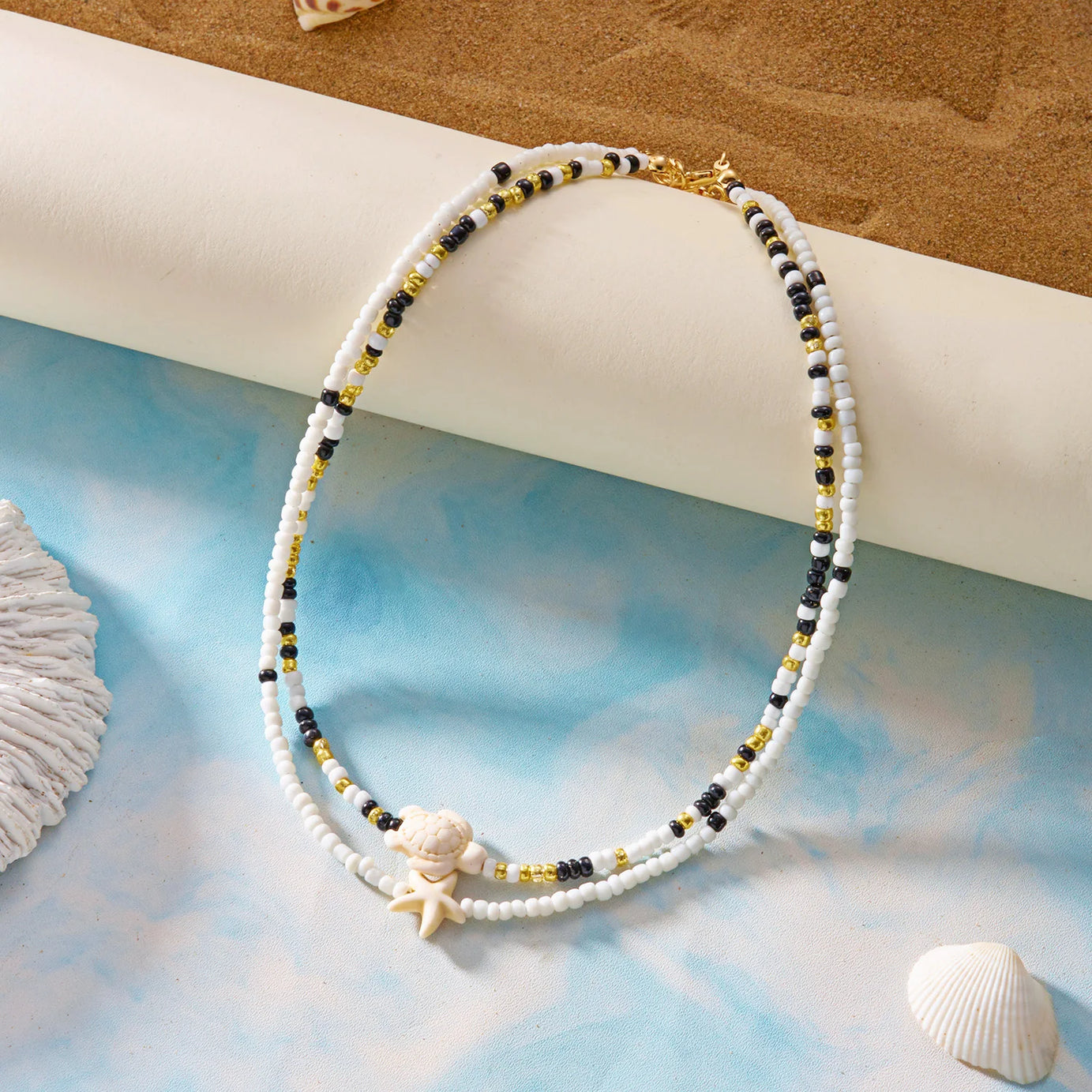 Sea Turtle and Starfish Double Layered Beaded Choker