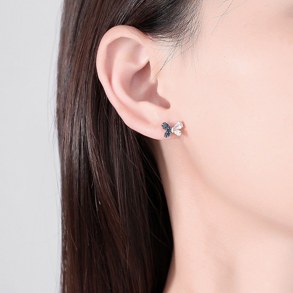 CZCITY Sapphire Blue Cubic Zirconia 925 Sterling Silver Butterfly Stud Earrings Gold Plated Unusual Luxury Party Fine Jewelry - Charlie Dolly
