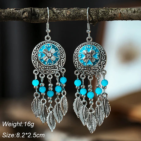 Blue Enamel Feather Crystal Long Earrings Jewelry