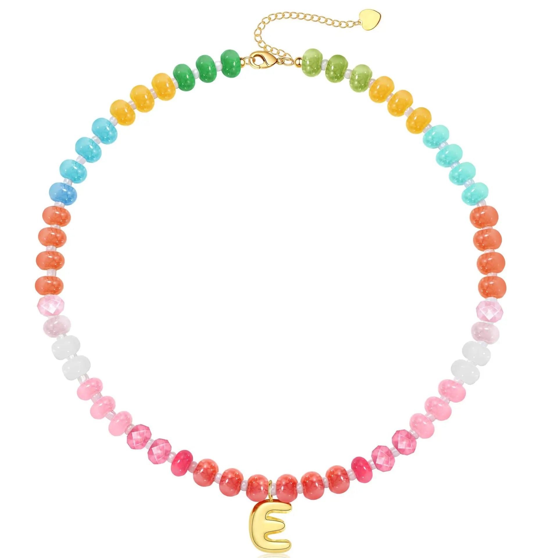 Initial Natural Stone Necklaces Colorful Beaded Boho Necklace Letter A-Z Bead Choker Necklace for Women Summer Beach Jewelry
