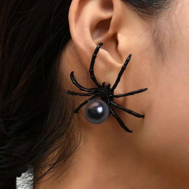 New Fashion Black Spider Pearl Earring Trendy Personality Dark Style Halloween Ear Nail for Women  Alloy Geometric Ear Accessory