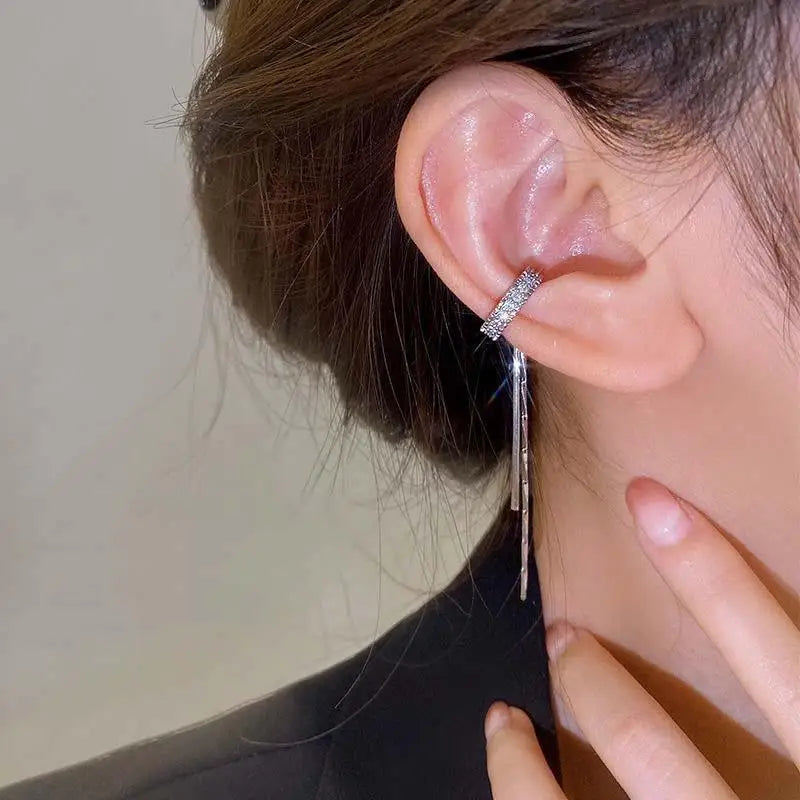 2023 New Fashion Zircon Shining C Shape Long Tassel Ear Cuff No Piercing Earrings Female Design Simple Ear Clip Party Jewelry - Charlie Dolly