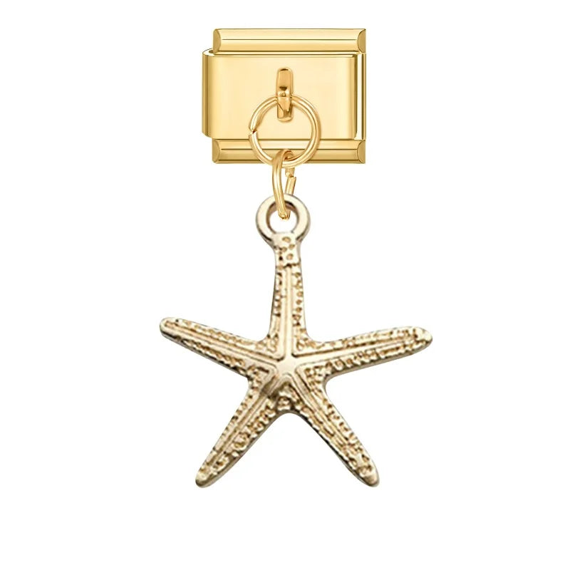 Vintage Golden Sea Shell Conch Starfish Dolphin Turtles Pendant Bead Fit 9mm Italian Charm Bracelet Stainless Steel DIY Making