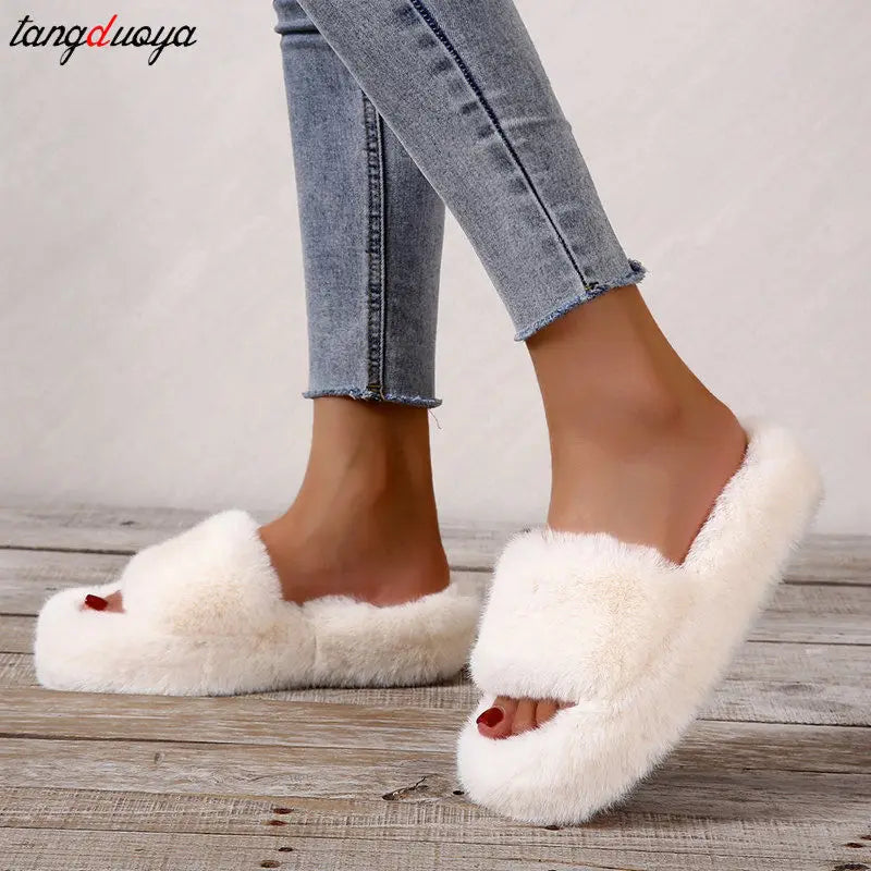 Winter Fur Women slippers 2023  Plush fluffy Home Slippers Women Cozy Soft Warm Furry Indoor House Shoes Platform Flip Flops 42 - Charlie Dolly