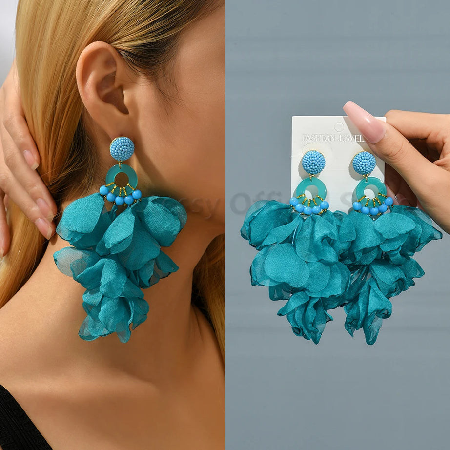 Acrylic Bead Yarn Petal Long Dangle Earrings Jewelry