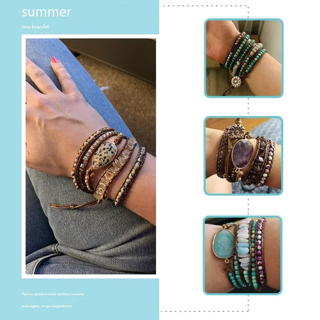 Fashion Handma Bohemian Jewelry Boho Bracelet Mixed Natural Stones Charm 5 Strands Wrap Bracelets Gift for Women girls - Charlie Dolly