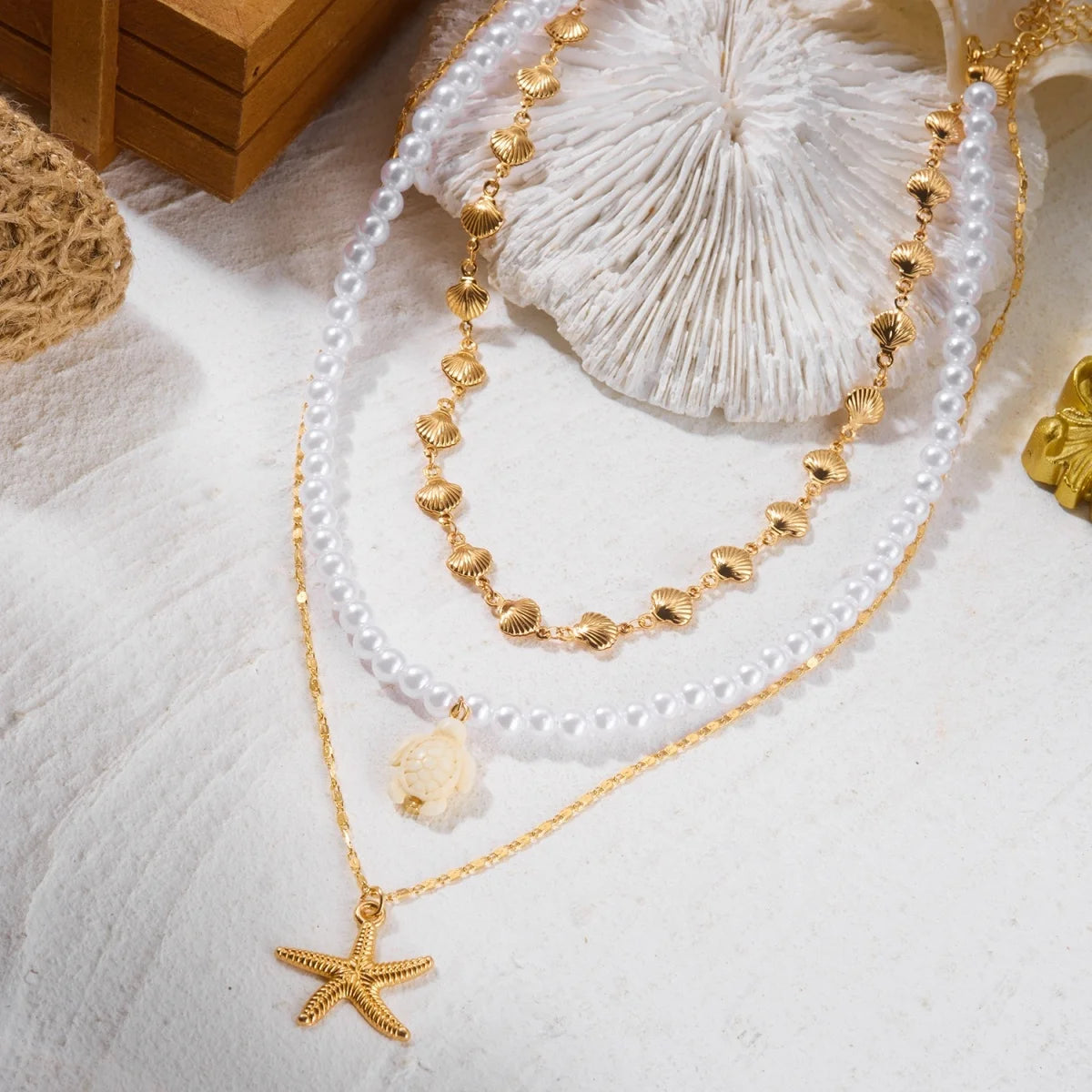 Multilayer Imitation Pearl Rice Bead Starfish Resin Turtle Shell Necklace For Women Men Ocean Beach Fishtail Choker Boho Jewelry