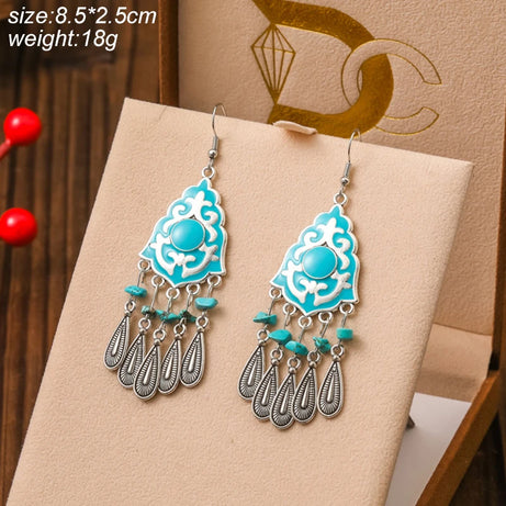 Blue Enamel Feather Crystal Long Earrings Jewelry