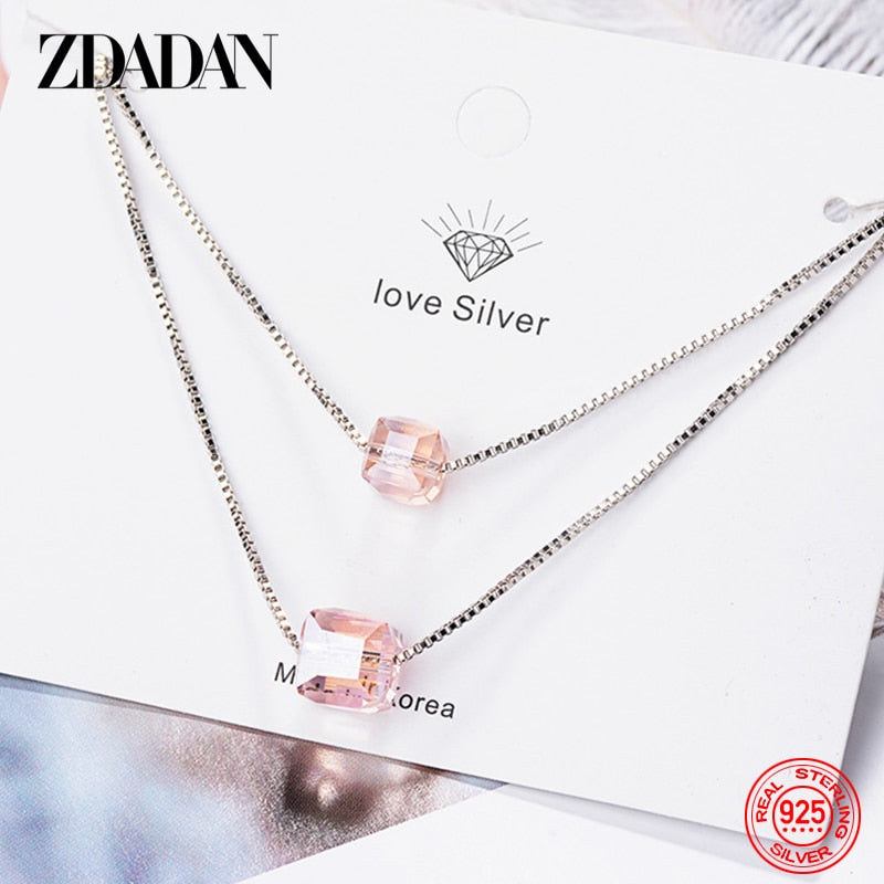 ZDADAN 925 Sterling Silver Square Crystal Necklaces For Women Fashion Wedding Jewelry Gift - Charlie Dolly