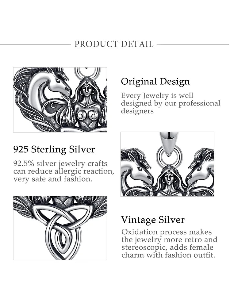 Eudora 925 Sterling Silver Celtic Horse Girl Pendant Goddess Trinity Knot Necklace Pagan Spiritual Jewelry Gift for Women Men