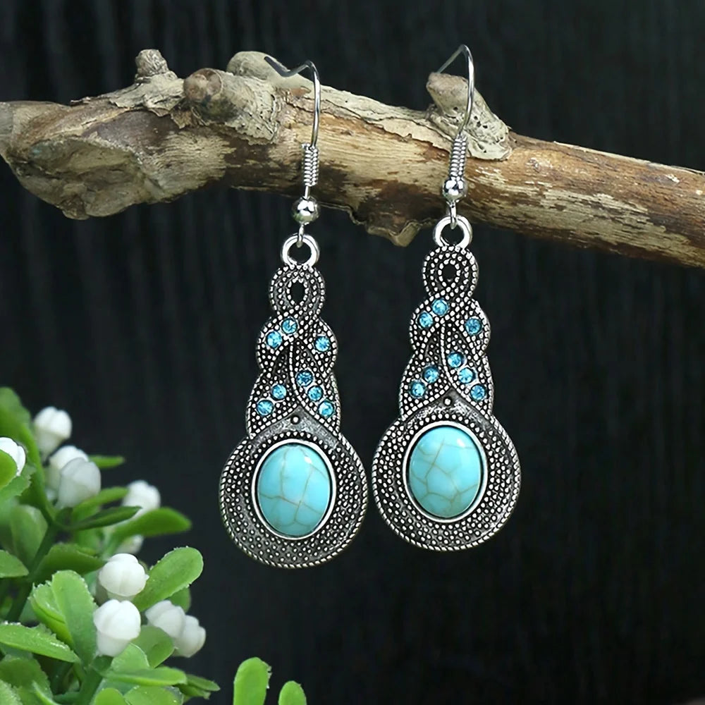 14 Pairs Boho Earrings with Turquoise Antique Silver Tassel/Bird/Rhinestone/Tree of Life Designs Trendy Ornaments Easy to Wear
