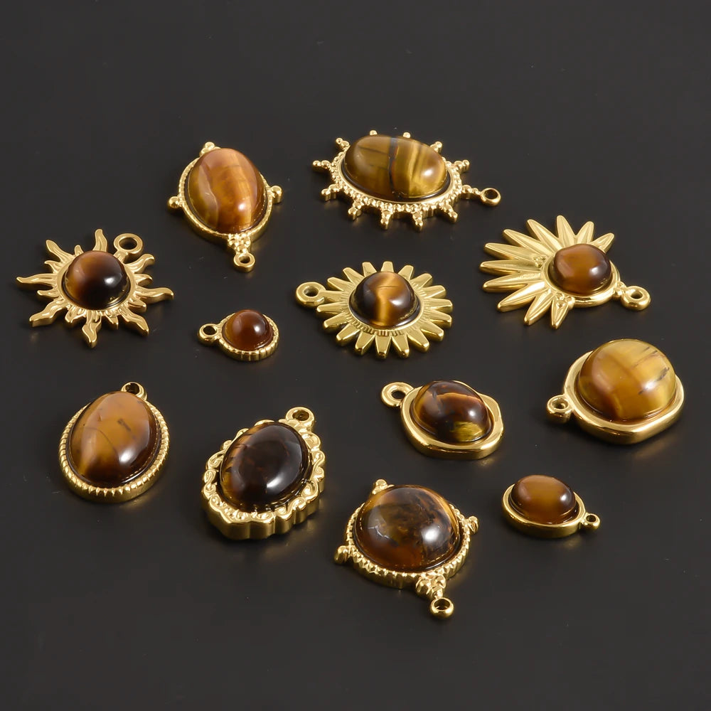 5pcs Real Natural Stone Tiger Eye Charm Sun Eye Oval Boho Pendant Gold Color Stainless Steel Pendants For Jewelry Making Finding