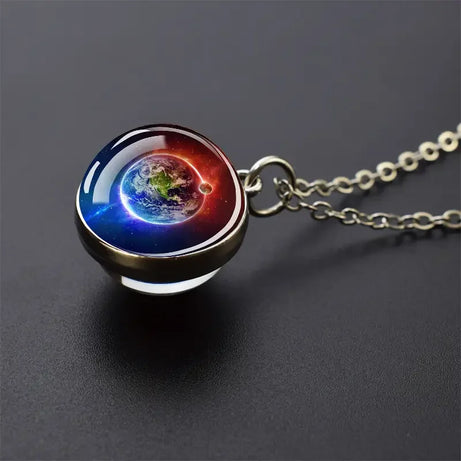 Double-Sided Galaxy Planet Glass Ball Pendant Necklace, Sun Moon Mars Cosmic Talisman