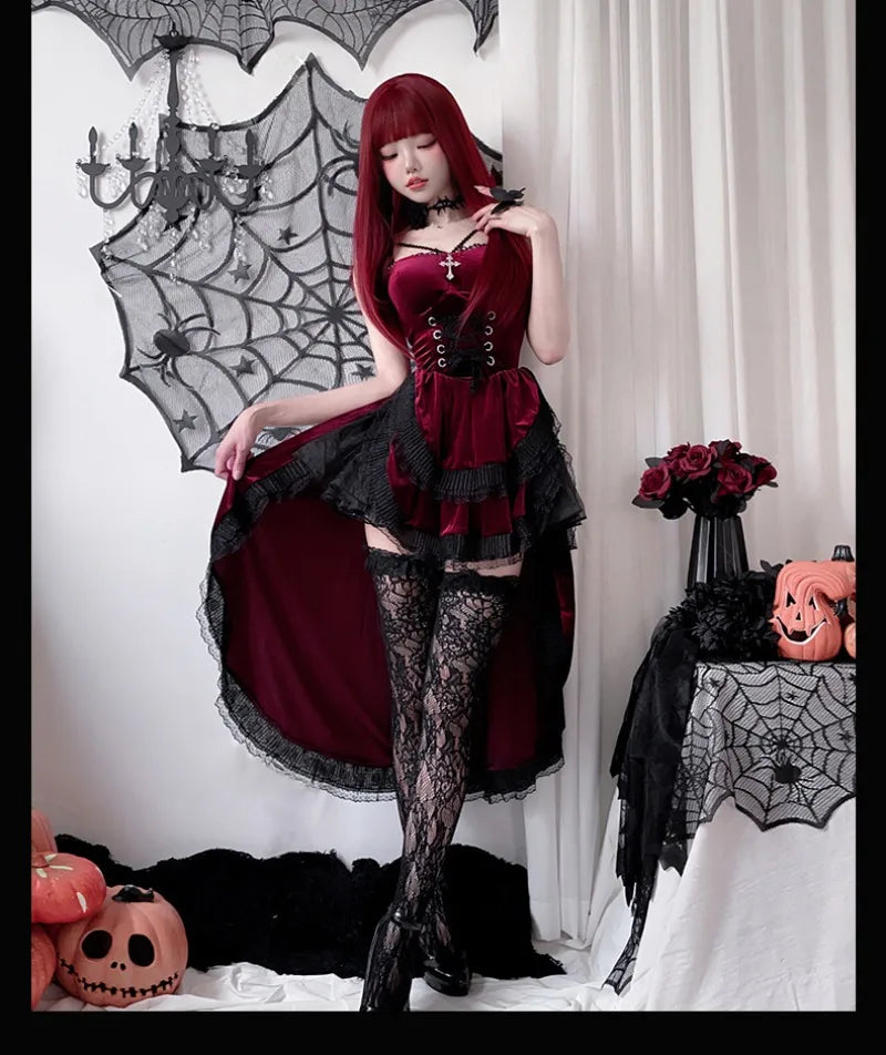 Cospaly Dark Gothic Halloween sexy lace dovetail halter dress