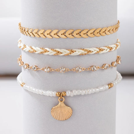 Handmade Shell and Stone Bead Multilayer Boho Anklet Set