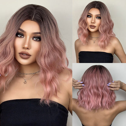 Medium Length Water Wave Synthetic Wigs Cute Pink Wigs With Bangs for Women Cosplay Natural Heat Resistant Bob Lolita Hair