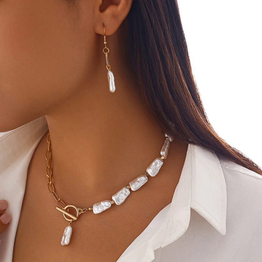 Square Pearl and Cross Chain Boho Necklace, Earring and Bracelet Set