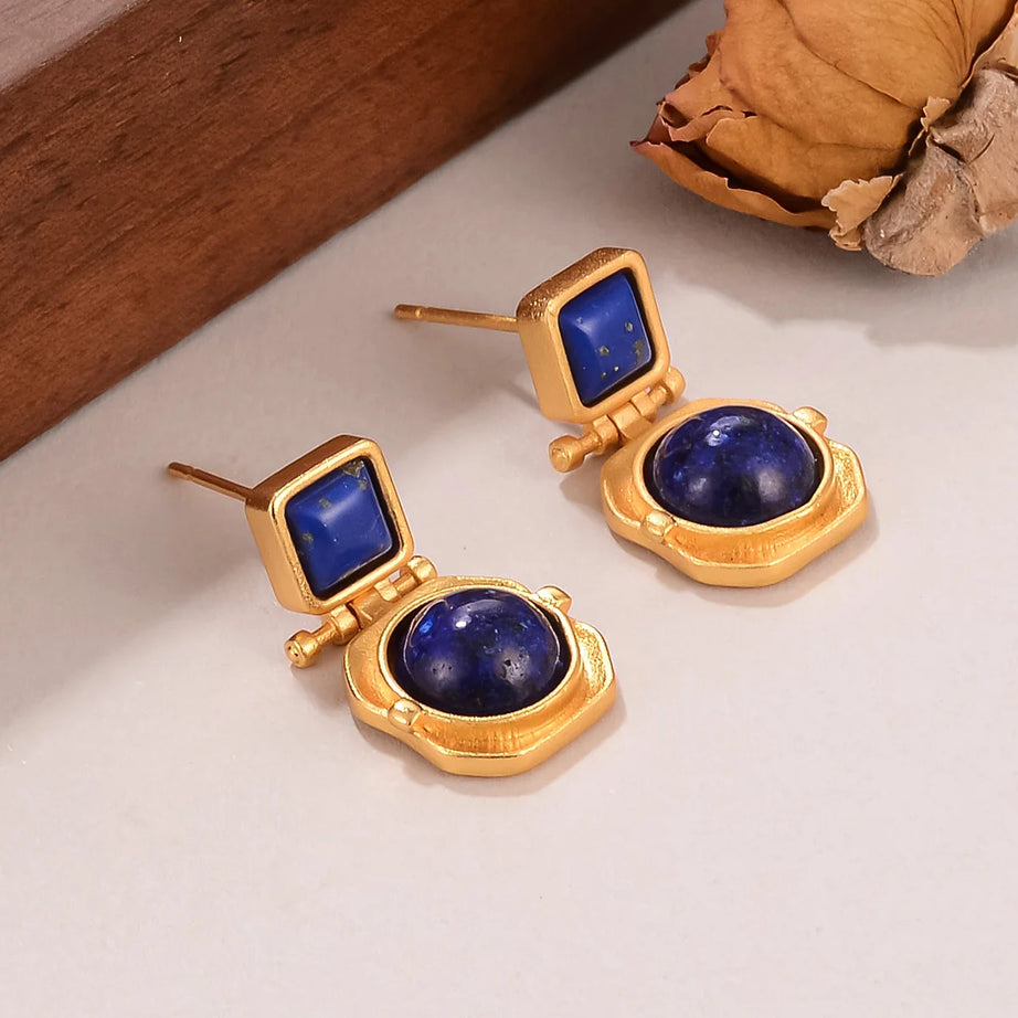 New Vintage Gold Plated Lapis Lazuli Drop Earrings for Women, Fashion Blue Stone Geometric Dangle Earrings Jewelry Gift - Charlie Dolly