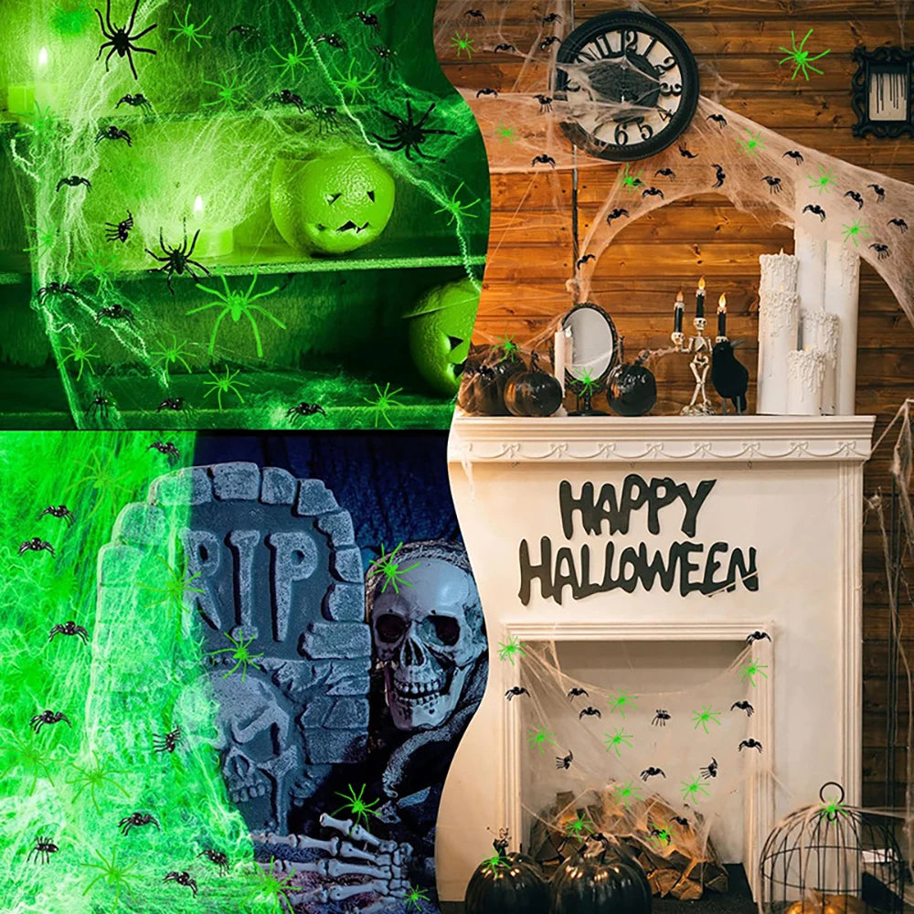 Luminous Spider Web,Stretchy Artificial Cobweb with Fake Spiders,Halloween Decorations,Outdoor Horror Haunted House Decor Props - Charlie Dolly