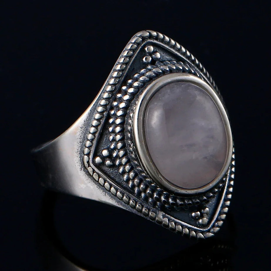 Natural Rose Quartz Oval Gemstone Ring - Vintage Boho Silver Plated Handmade Jewelry for Women Gift Party & Daily Wear - Charlie Dolly