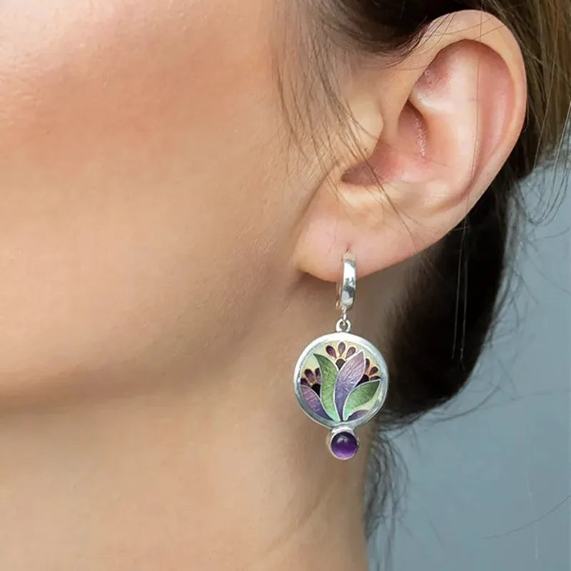 Ethnic Round Lapis lazuli Earrings Antique Jewelry Metal Silver Color Carving Water Drop Blue Gem Pendant Women's Earrings