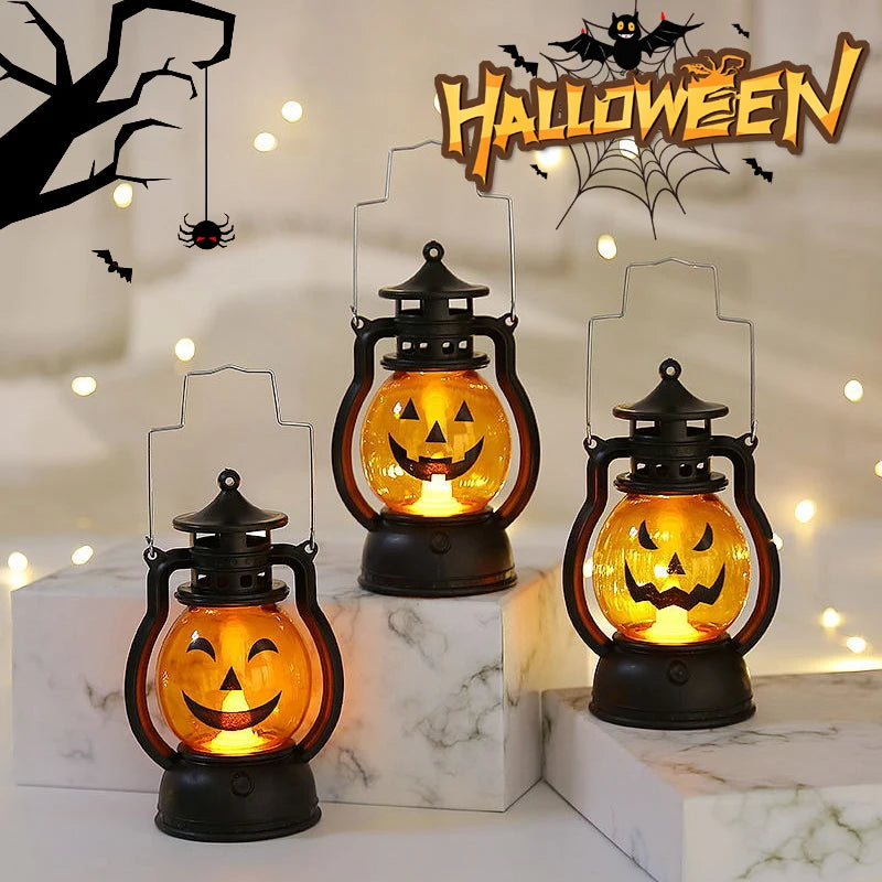 Halloween Pumpkin Lantern Handheld  LED Lamp Vintage Kerosene Table Lights for Home Camping Garden Yard Door Decor - Charlie Dolly
