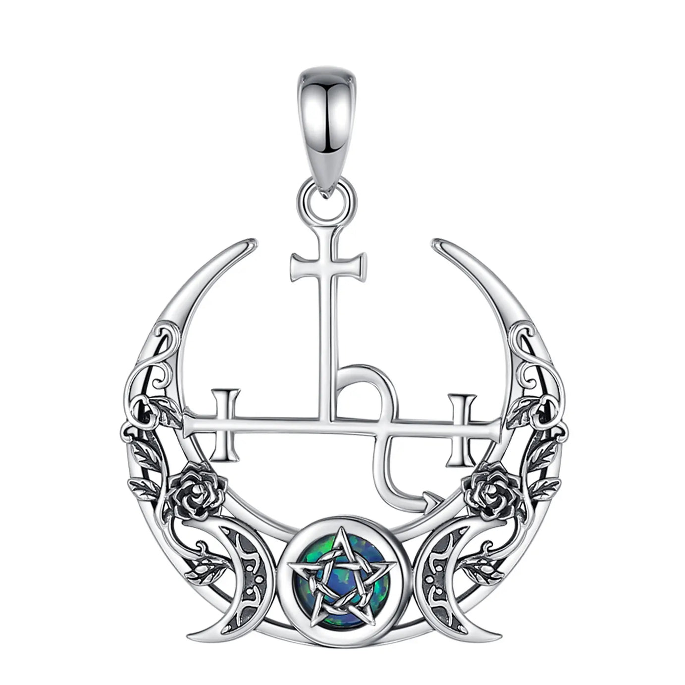 S925 Sterling Silver Lilith Moon & Opal Pendant Necklace, Triple Moon Goddess Amulet