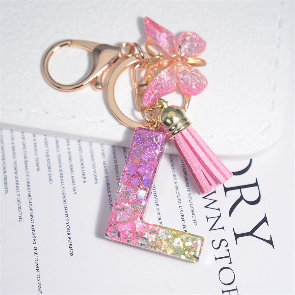 Cute Resin A-Z Initials Letter Keychain Pink Sparkle Butterfly Tassel Pendant Keyring for Women Girl Purse Handbags Jewelry Gift - Charlie Dolly