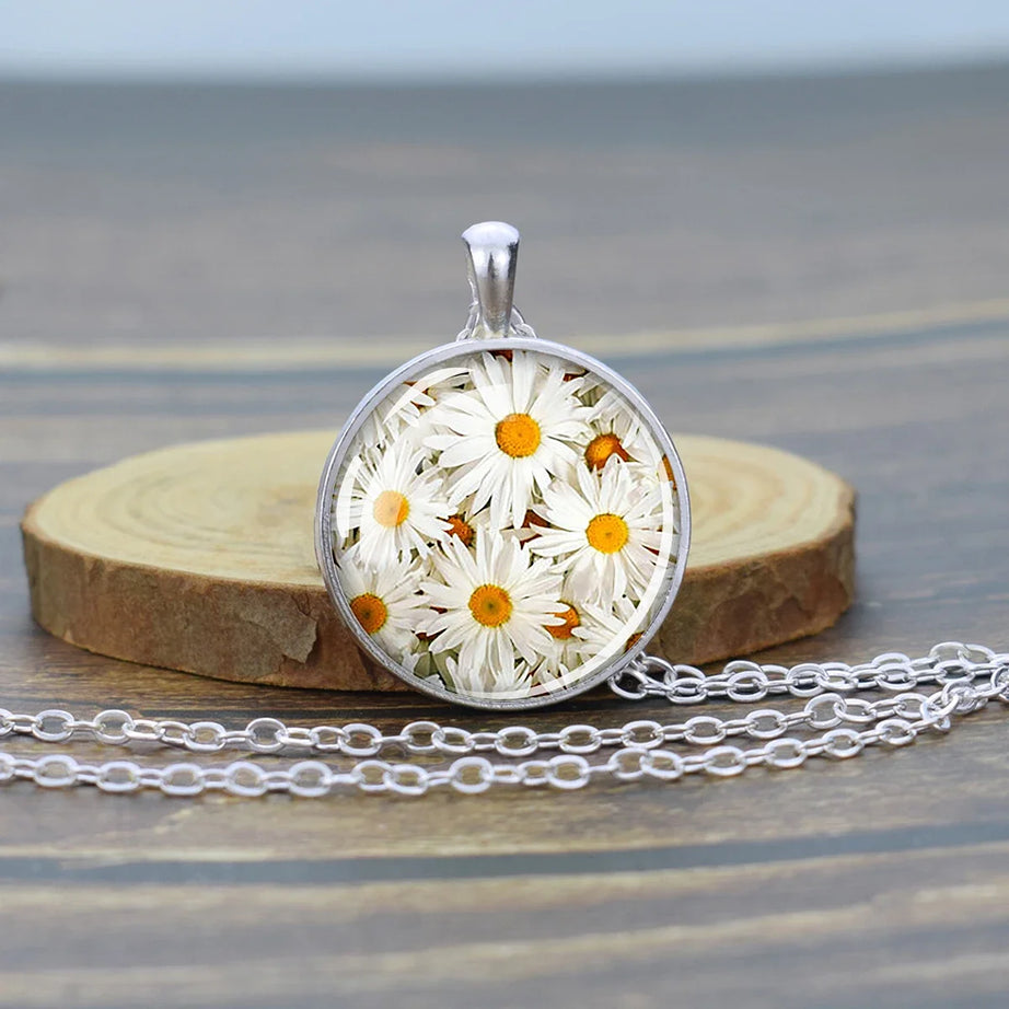 Pressed Flower Glass Pendant, Botanical Boho Nature Necklace
