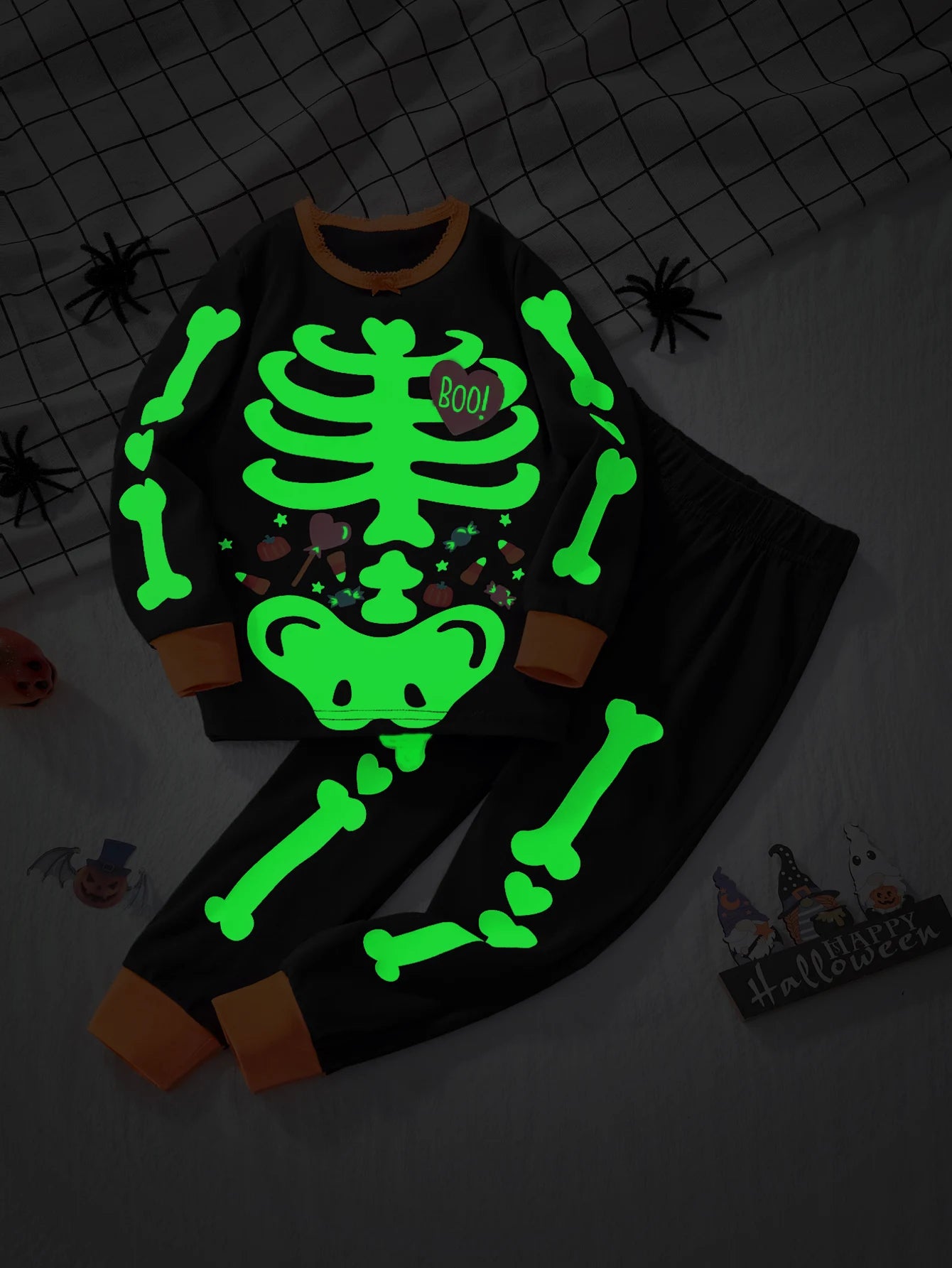 Halloween Little Girl Night Light Skull Print Long Sleeve T Shirt Trousers Set Kids Night Party Trick Or Treat Dress Up costume - Charlie Dolly