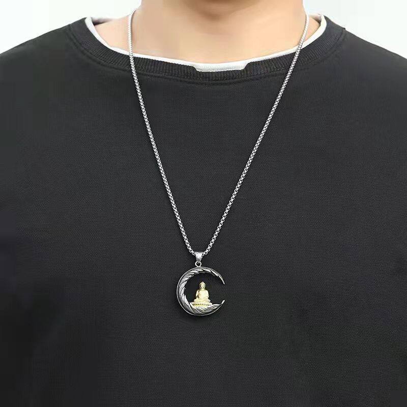 Latest Retro Personality Trend Moon Buddha Pendant Necklace Neutral Fashion Party Jewelry Gift