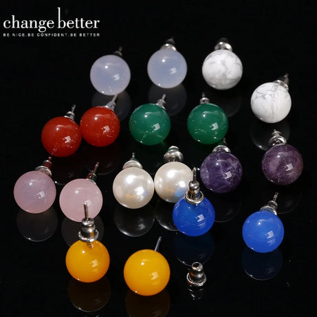 Natural Stone Agate Quartz Lapis Lazuli Tiger Eye Round Bead Stud Earrings Women Fashion Simple Stainless Steel Crystal Ear Stud - Charlie Dolly