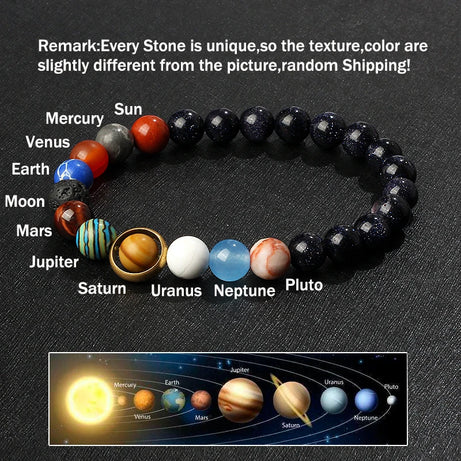 Nine Planets Solar System Beaded Bracelet, Natural Stone Galaxy Cosmic Talisman