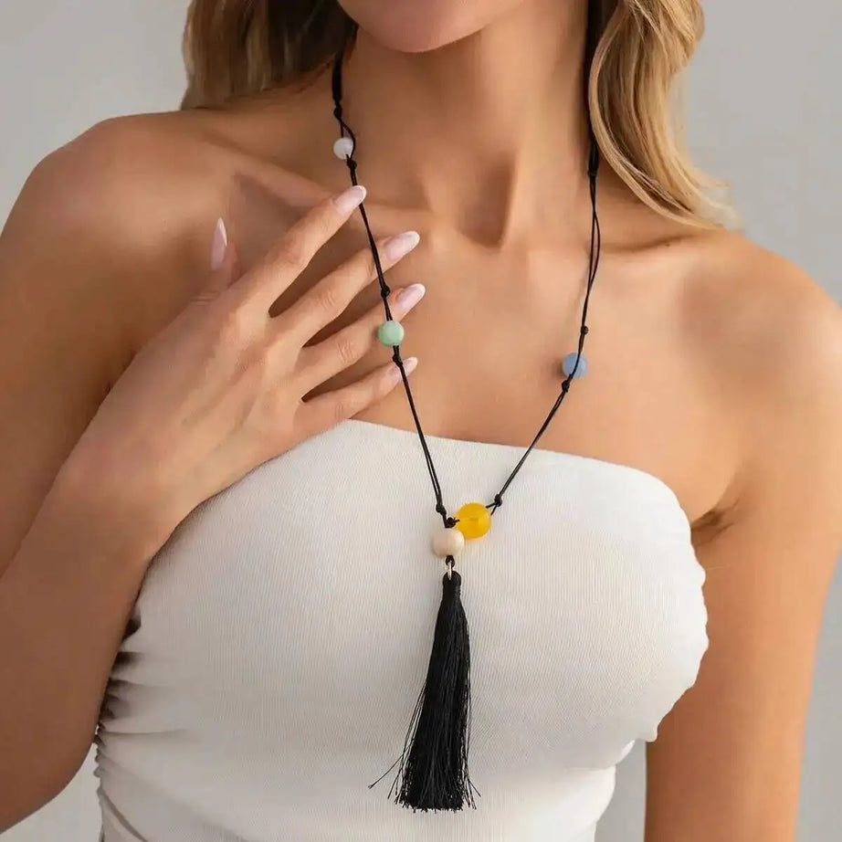 Resin Bead Tassel Leather Cord Necklace Jewelry