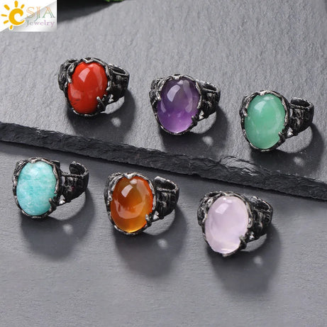 CSJA Vintage Silver Rings Natural Stone Amethyst Ring for Women Adjustable Design Handmade Fashion Jewelry Boho Accessories H765 - Charlie Dolly