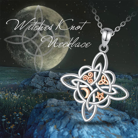 S925 Sterling Silver Witch Knot Pendant Necklace, Celtic Star & Moon Witchcraft Amulet