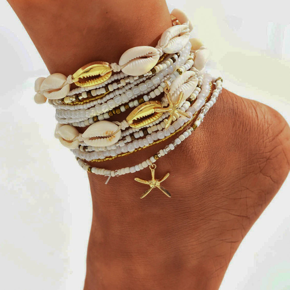 Starfish and Shell Beaded Multilayer Boho Anklet