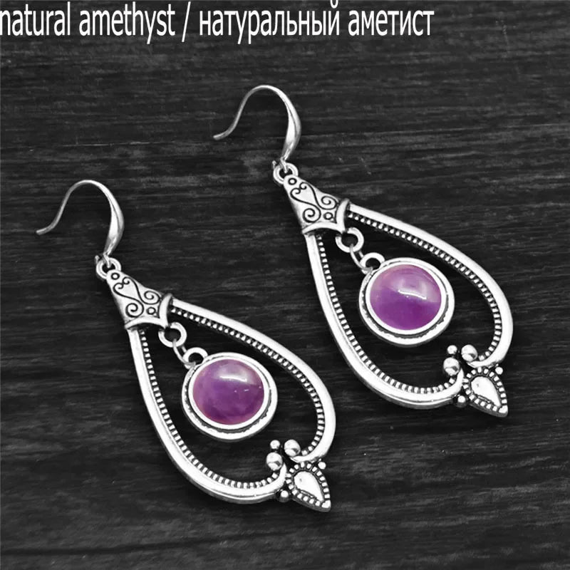 Round Amethysts Drop Earrings For Women Tibetan Silver Natural Stone Rose Quartz Lapis Lazuli Tiger Eye Fashion Dangle Earring