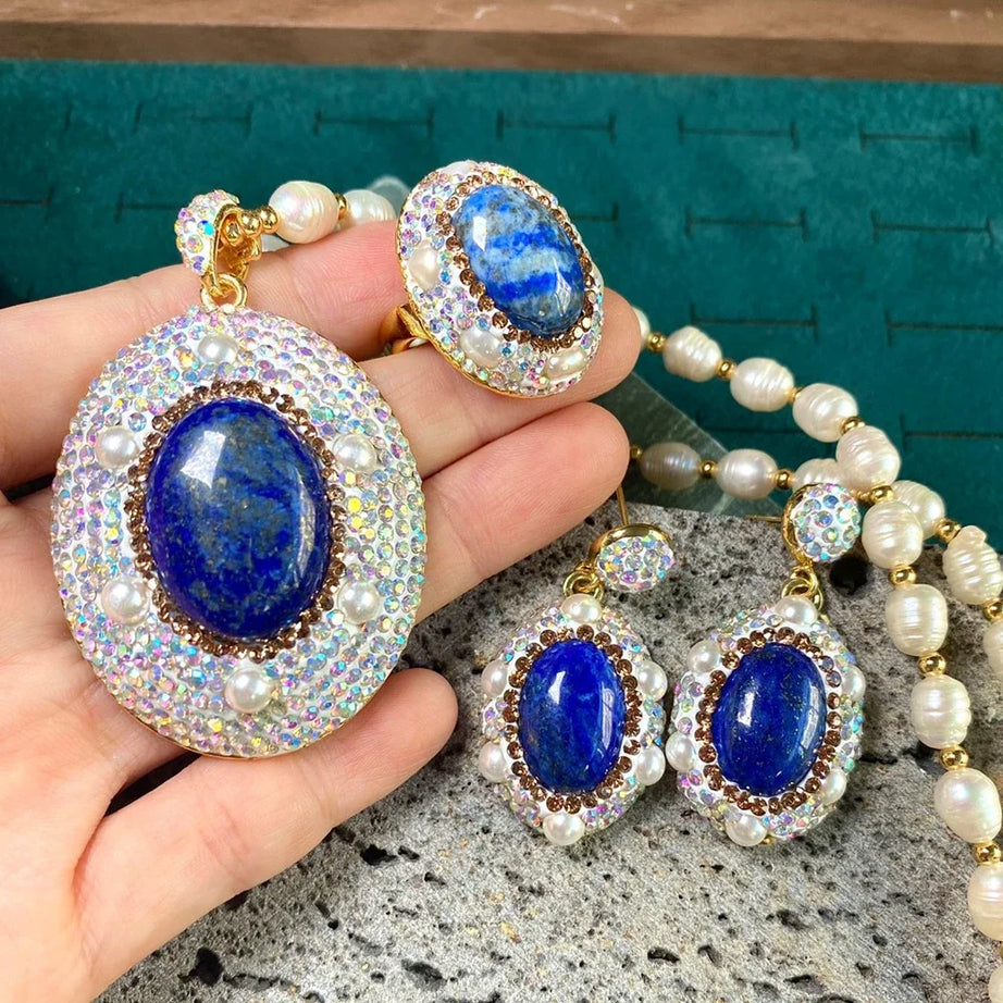 Unique Natural Lapis lazuli Gemstone Jewelry Set for Women AB Rhinestone Freshwater Pearl Quartz Necklace Rings Lady Dress Acces - Charlie Dolly