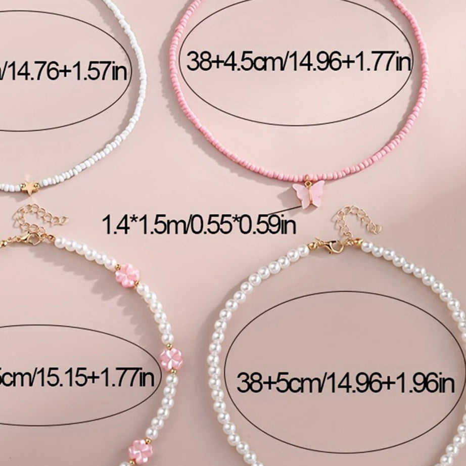 Butterfly, Heart and Flower Pearl Kids Friendship Necklace Set (4 Pieces)