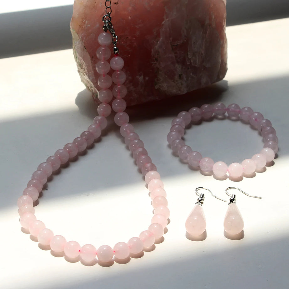 3PCS Natural Stone Rose Quartz Round Beaded Necklace Bracelet Earrings Jewelry Set Boho Women's Sweet Handmade Accessories - Charlie Dolly