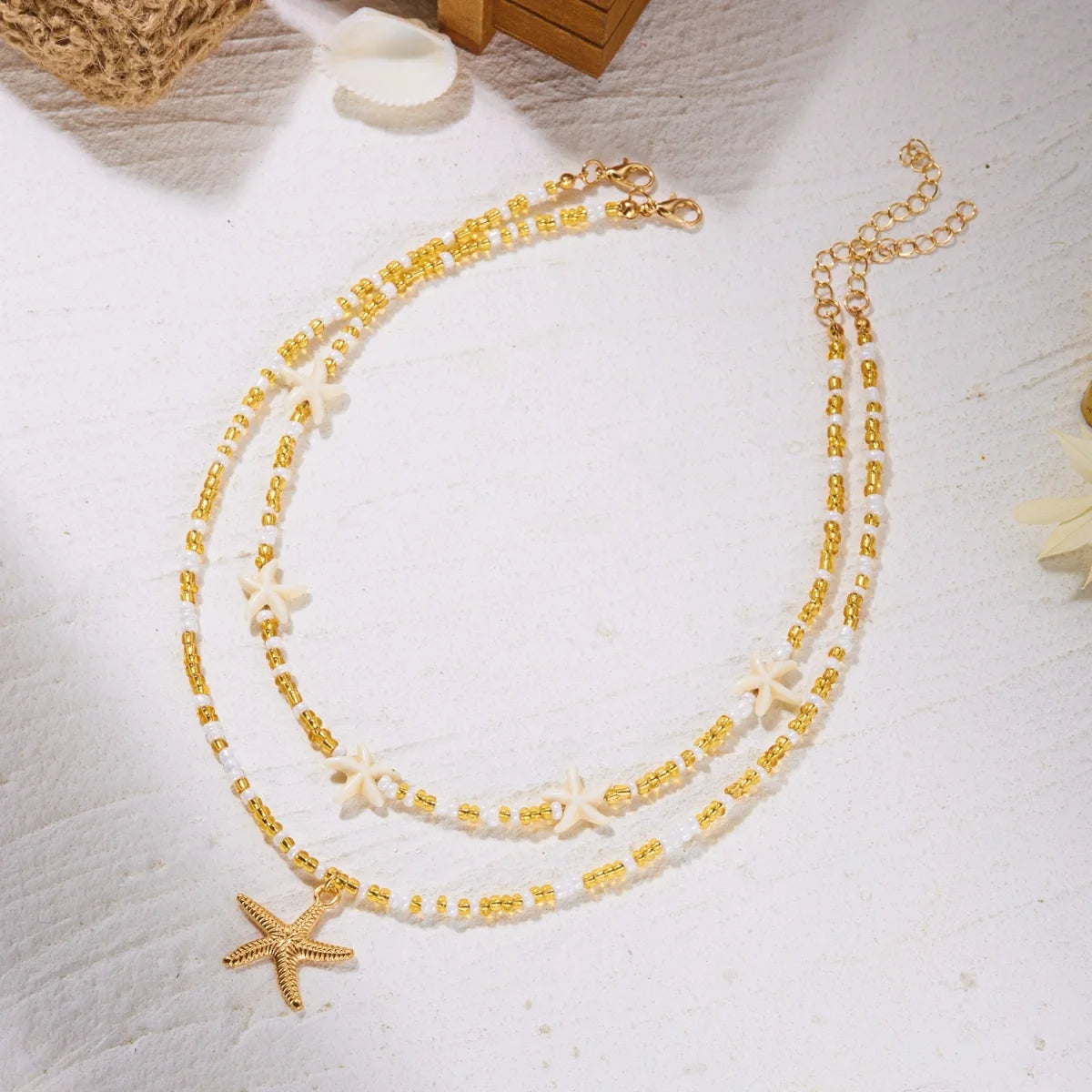 Multilayer Imitation Pearl Rice Bead Starfish Resin Turtle Shell Necklace For Women Men Ocean Beach Fishtail Choker Boho Jewelry