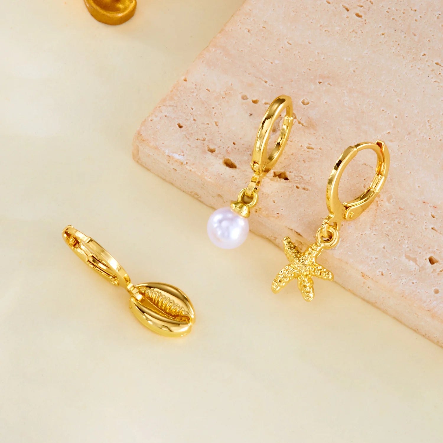 3 Pcs Boho Starfish Shell Hoop Earrings Set for Women Imitation Pearl Metal Geometric Earring Beach Party Versatile Jewelry