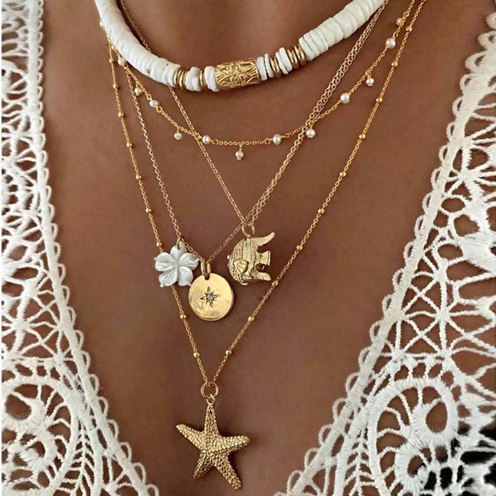 Fashion Boho Summer Beach Jewelry Necklace for Women Soft Pottery Starfish Shell Pendant Vintage Sun Multi Layer Ckokers Gifts