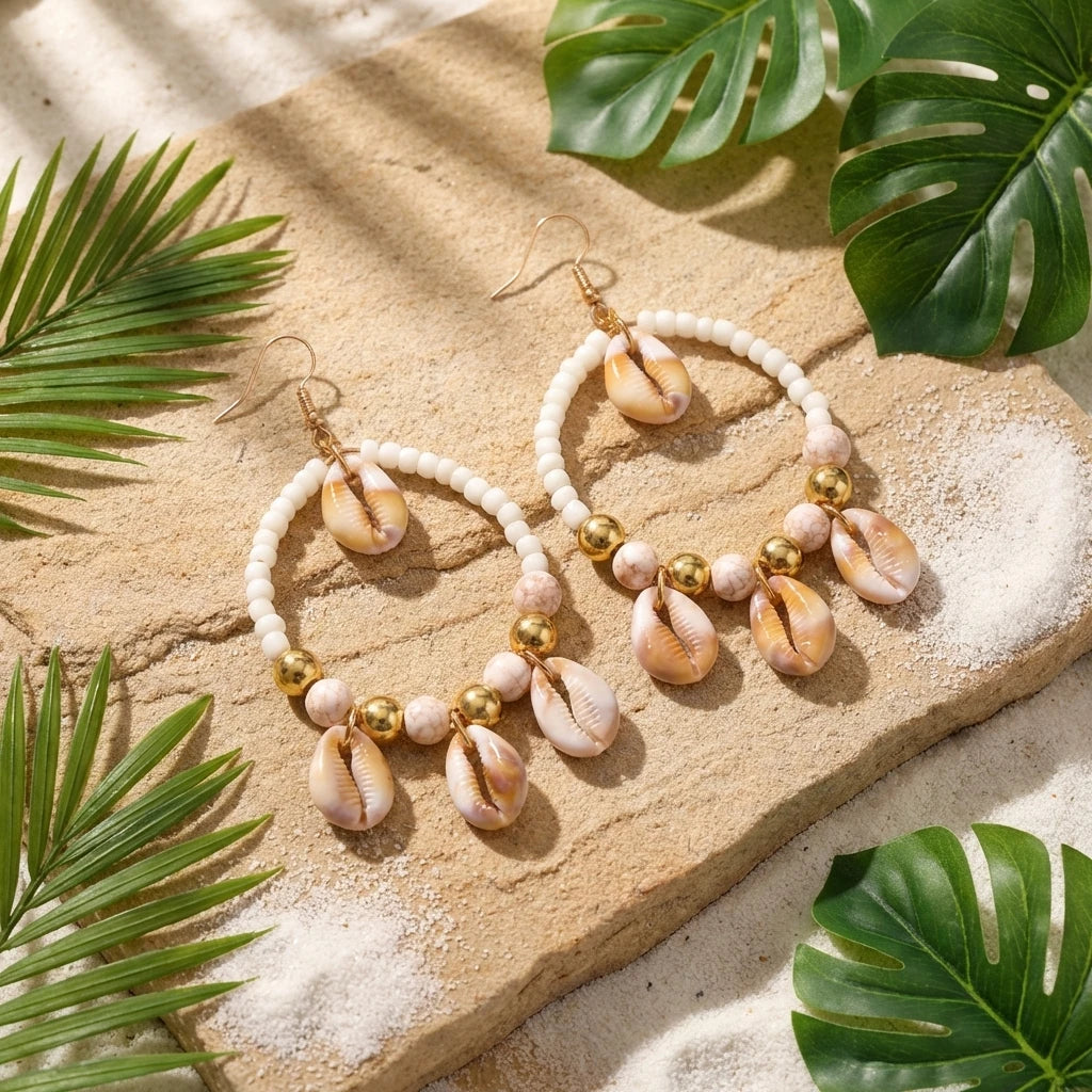 Handmade Beaded Woven Hoop Earrings with Spotted Shell Drop for Women Tribal Dreamcatcher Boho Summer Beach Vacation Jewelry