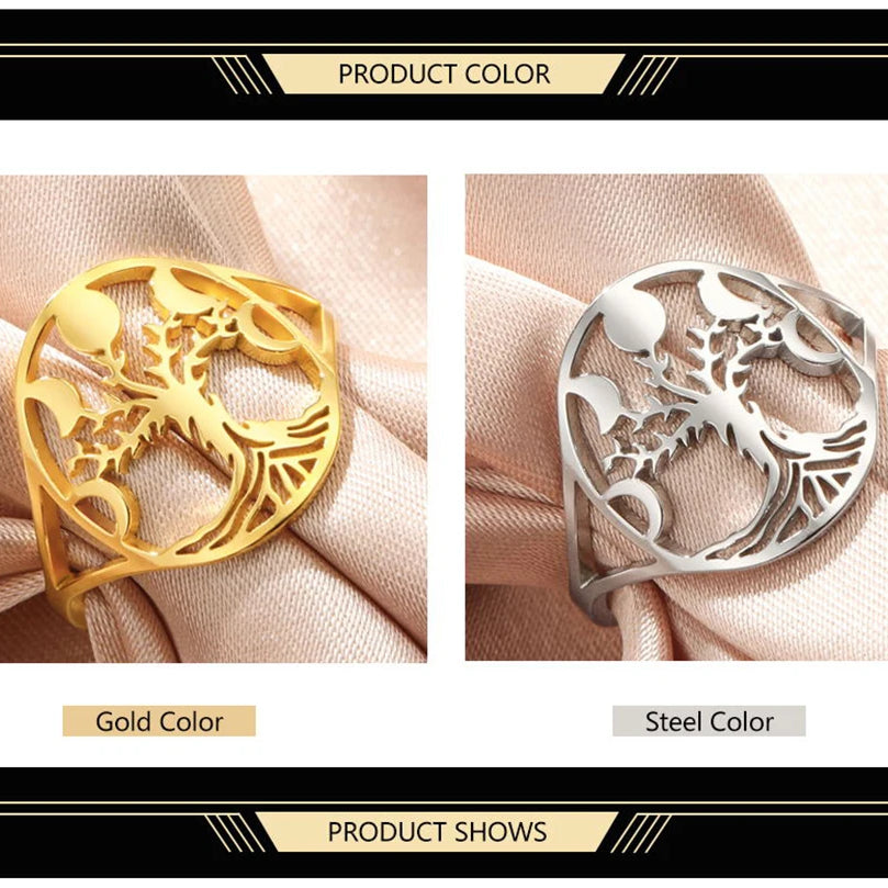 Moon Phase Tree of Life Ring, Stainless Steel