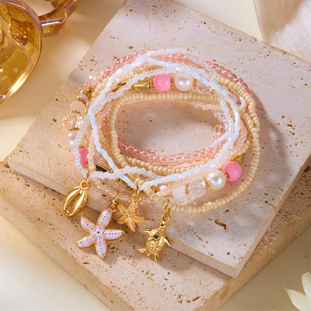 Trendy Layered Pastel Seed Bead Ocean Charm Bracelet Set for Women Sea Turtle Starfish Shell Boho Surfer Summer Jewelry