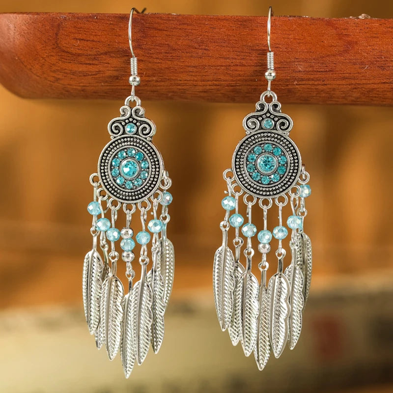 Blue Fashion Boho Temperament Water Drop Feather Earrings for Women Long Crystal Rhinestone Drop Oil Dangle Earring Jewelry